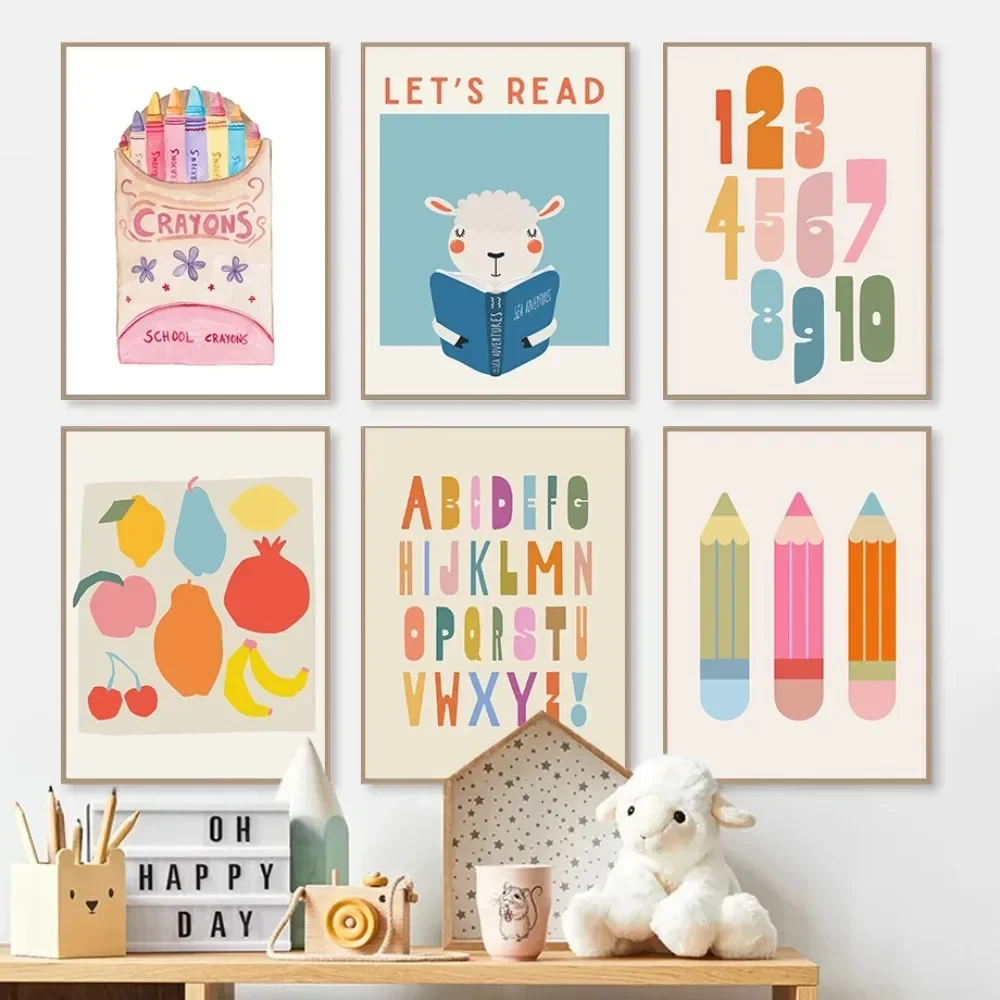 1pc Frameless Children Reading Colorful Posters Cute Toddler Classroom Modern Printing Canvas Painting Wall Family Room Decor