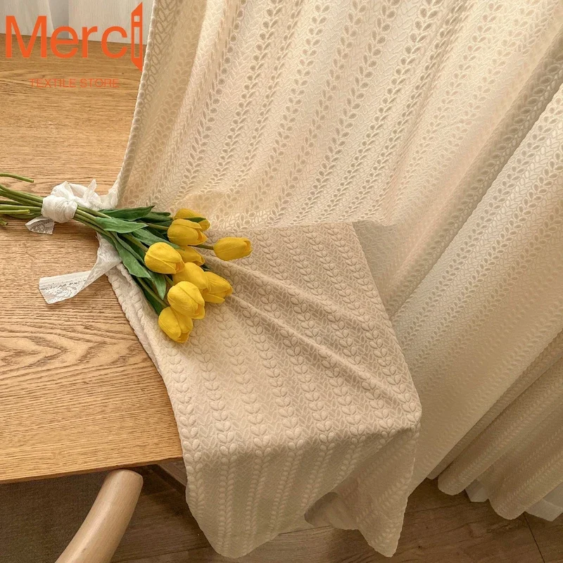 Bean Sprout Pattern Embroidered White Screen Light-proof and Opaque Human Gauze Curtains for Living Dining Room Bedroom Custom