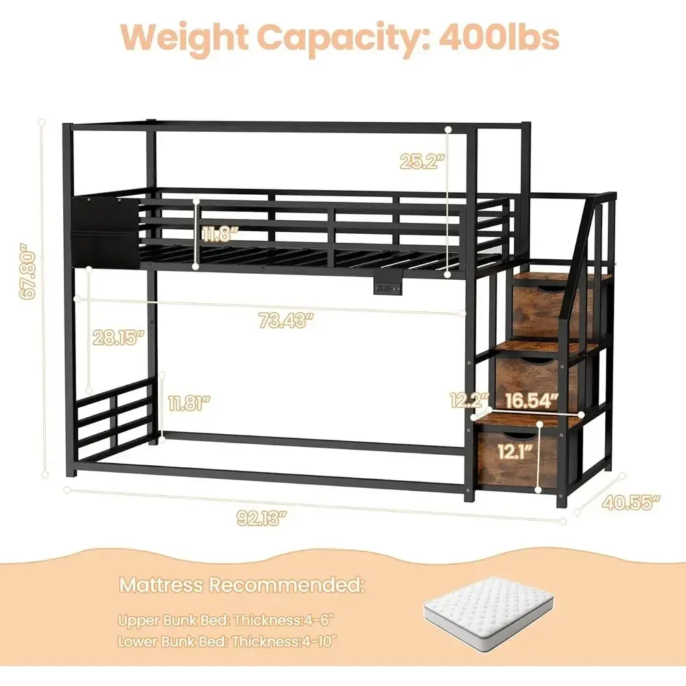 Twin Over Twin Metal Bunk Bed with Storage Steps, RGB Lights, Desk, Shelves, and Power Outlet, Black