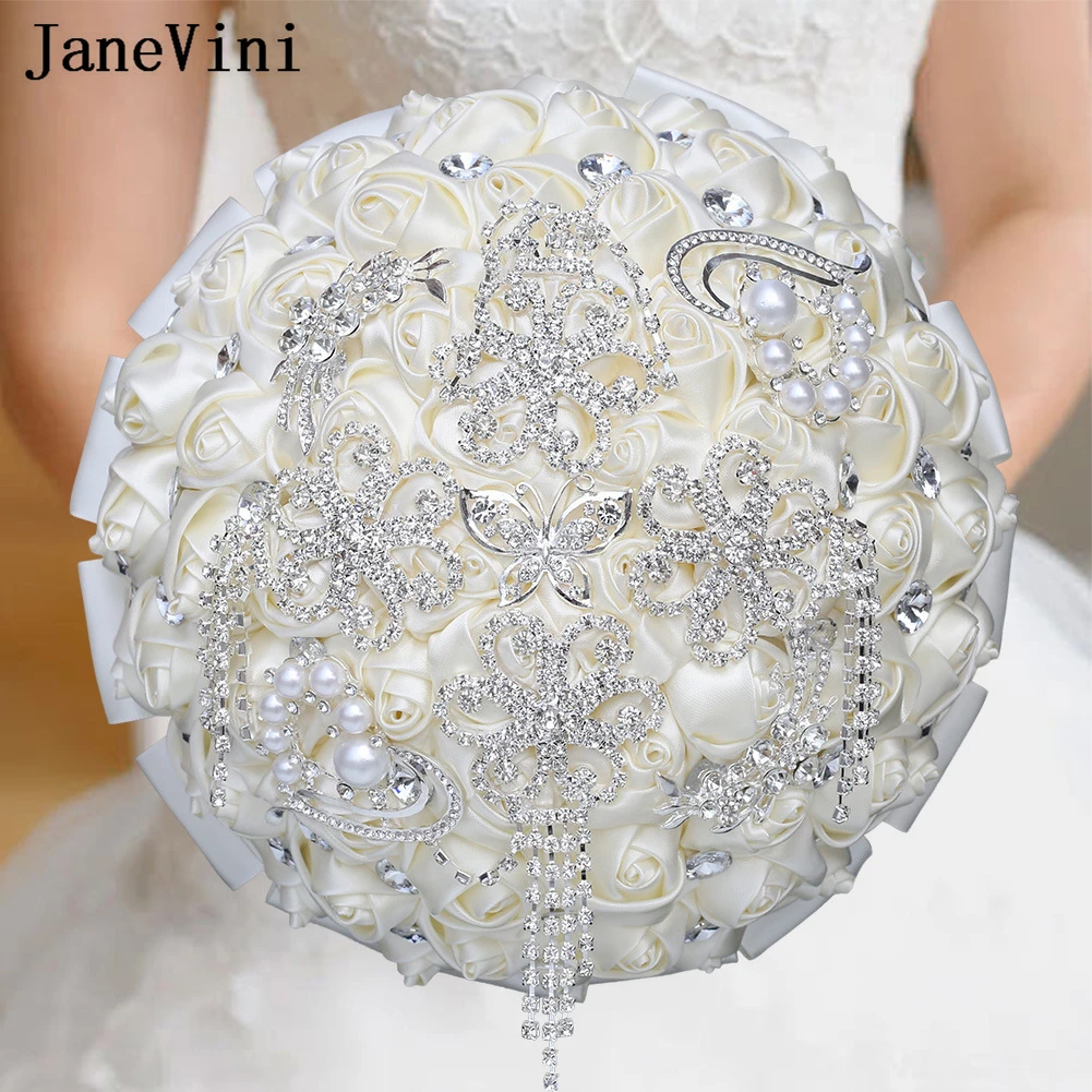 JaneVini 21cm Luxury Ivory Bridal Bouquet with Silver Brooches Jewelry Fake Rose Bridesmaid Bride Bouquet Wedding Flowers Noiva