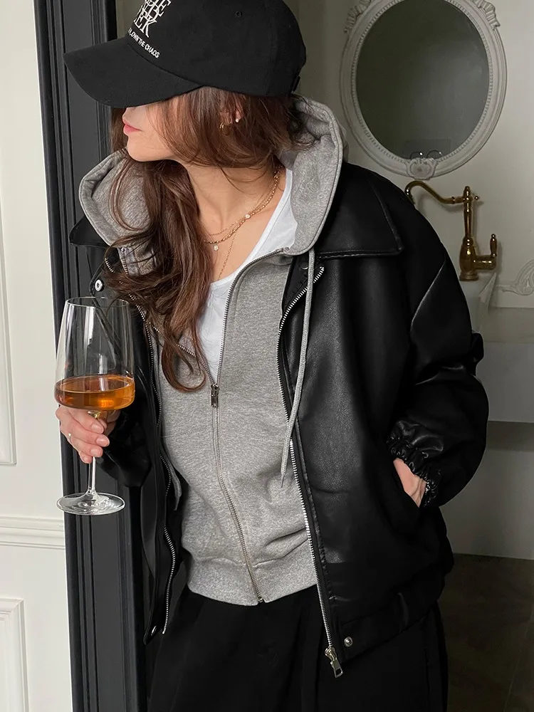 시크한 루즈핏 롱 슬리브 PU 가죽 바이커 재킷 여성용 가을 고급스러운 느낌의 지퍼 칼라 패셔너블 캐주얼 코트