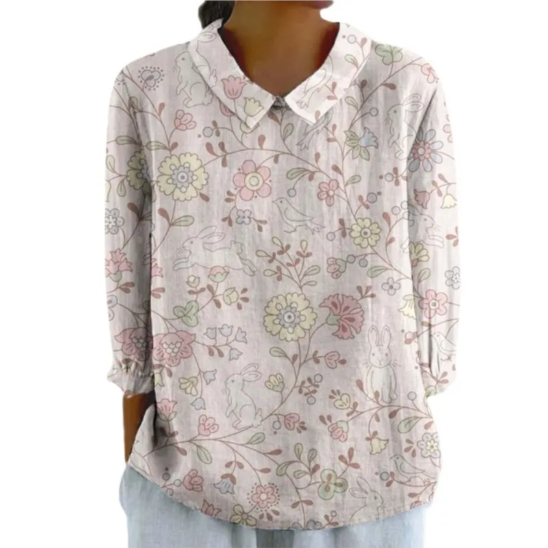 Blusas Vintage para mujer, camisa holgada informal de manga larga con estampado de solapa de lino y bambú para otoño, ropa superior elegante para mujer