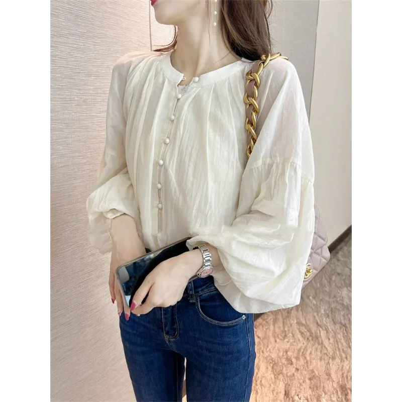 Lanterna manga cor sólida camisa feminina outono 2025 novo estilo francês temperamento commuter nicho chiffon topo