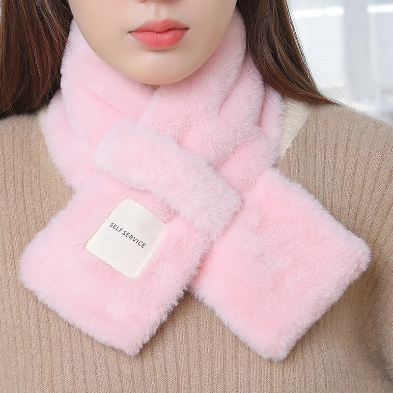 Women Winter Warm Thicken Scarfs Solid Color Faux Rabbit Fur Plush Cross Collar Scarf Shawl Elegant Warm Soft Comfortable Scarf