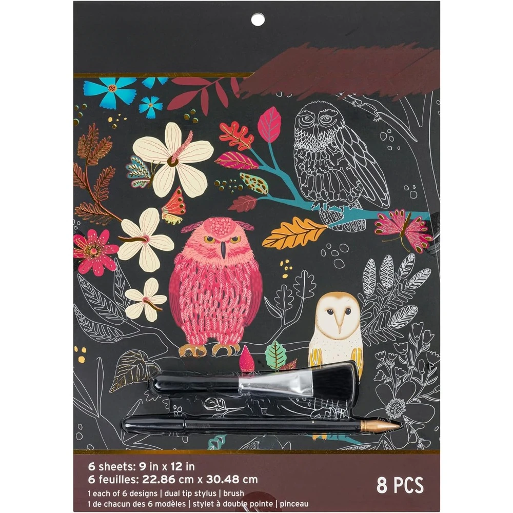 

Scratch Art paper Pad - Owl and Moon, Metal-guided art, double-pointed stylus and brush