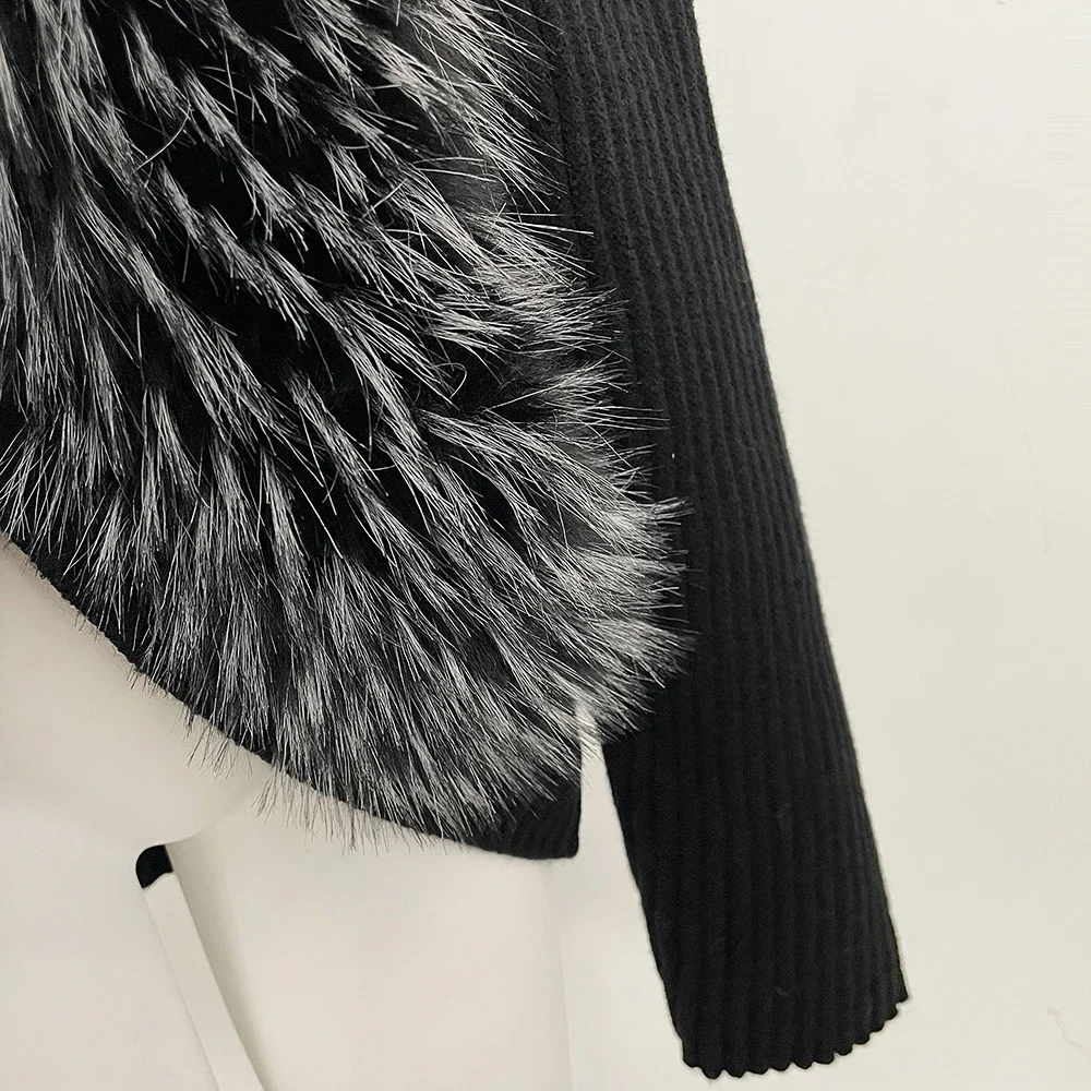 OFTBUY V-Ausschnitt Kunstpelzkragen Gerippter Strickpullover Mantel Damen Kurze Strickjacke Locker Geschnittene Schulter Neue Winteroberbekleidung – Detail 5
