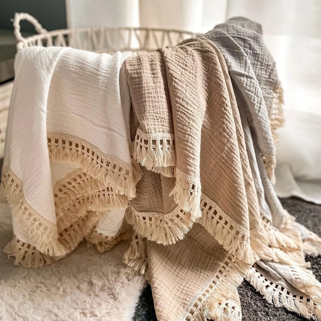 

Summer Air Conditioning Blanket, Baby Stroller Cover, Double-Layer Crinkle Gauze, Infant Fringe Blanket, Pure Cotton Muslin, Chi
