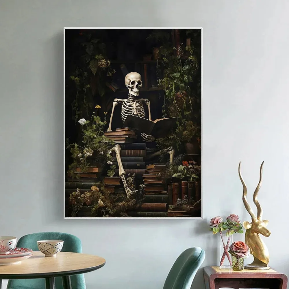 Vintage Gothic Wall Decor Skeleton Spooky Posters And Prints Dark Academia Floral Skull Canvas Art Painting For Living Room