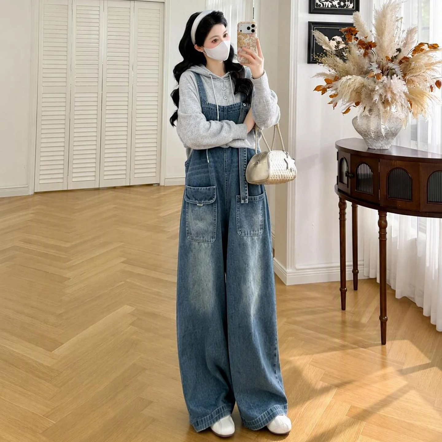 maternity-outfit-loose-wide-leg-denim-overalls-hoodie-two-piece-set-korean-style-cotton-inner-spring-autumn-trendy