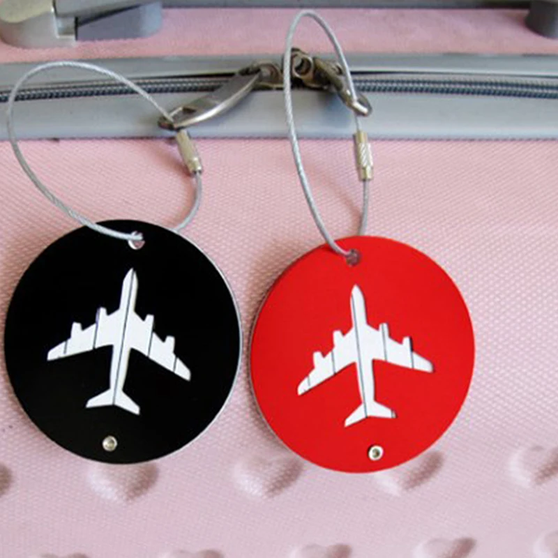 Etiquetas redondas de aleación de aluminio para equipaje de avión, accesorios de viaje para mujer o hombre, etiqueta de tarjeta de identificación