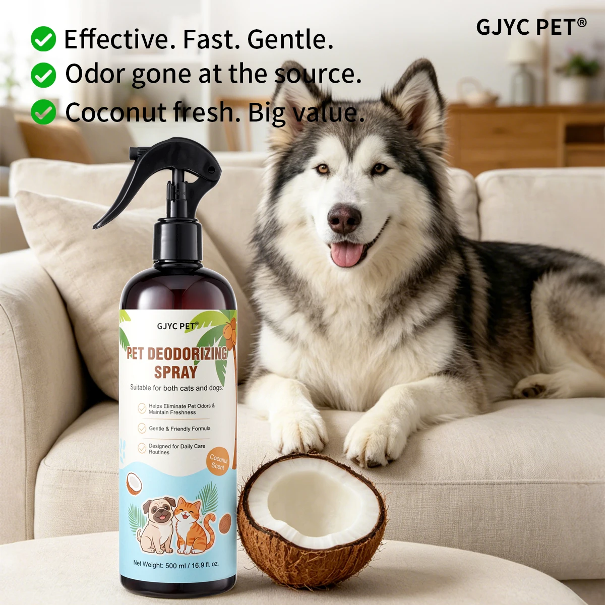 500ml Natural Pet Deodorizing Spray Coconut Scent Long Lasting Pet Safe Odor Eliminator Refreshing for Dogs Cats Daily Grooming