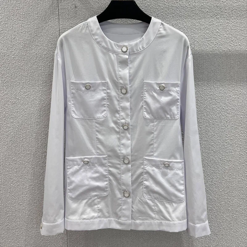 

Высококачественная однобортная женская рубашка с круглым вырезом и множеством карманов, чистая белая весенне-осенняя одежда 251102290