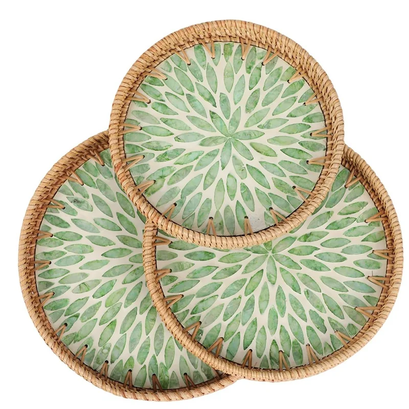 

【Today-Only!】Wicker Rattan Tray Round 3Pcs Set With Mother Of Pearl Inlay Boho Style Coffee Table Rattan Trays