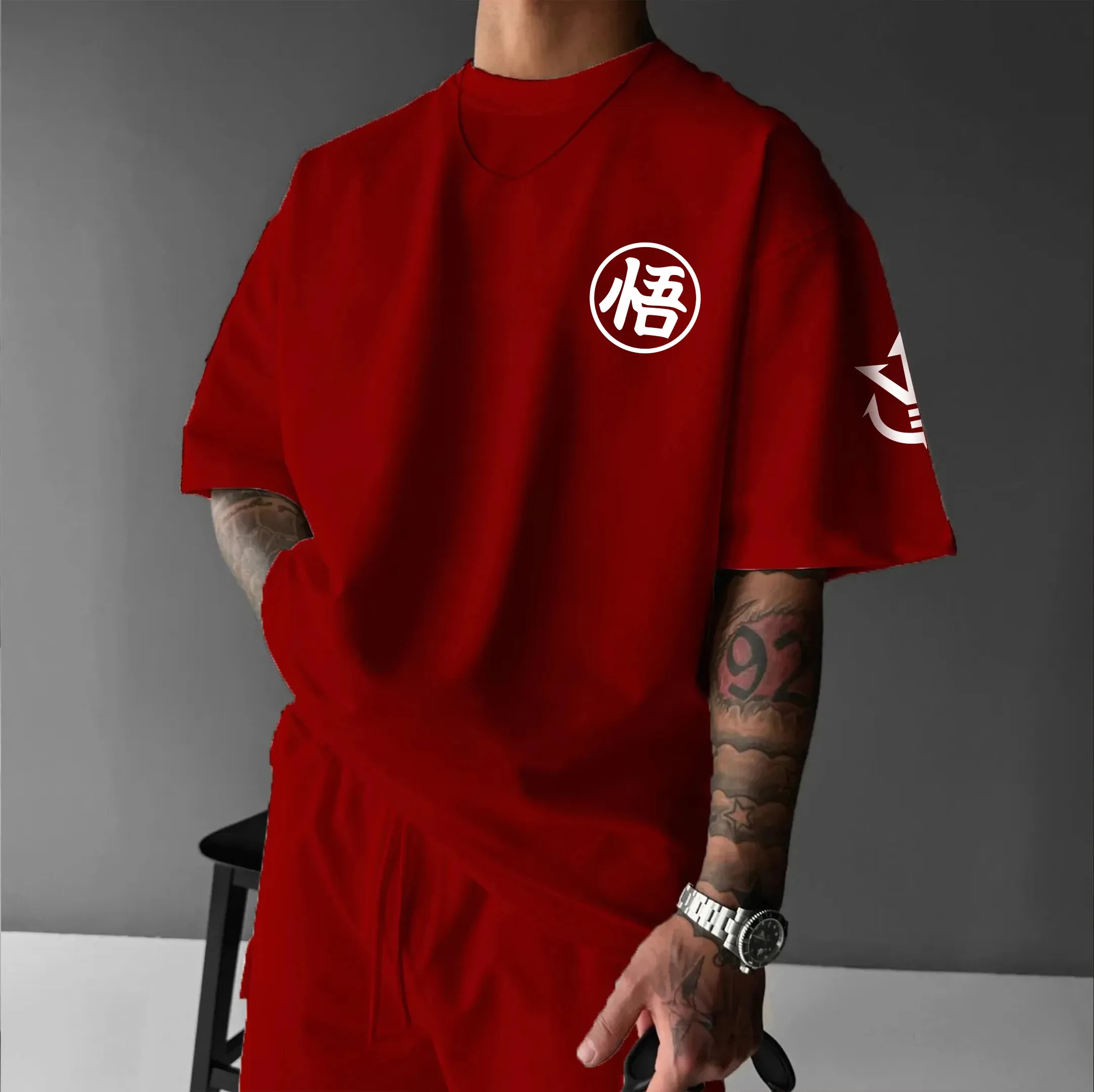 Dragon Ball Animation GOKU Periférico Impresso Algodão Manga Curta Americano Masculino e Feminino Verão Solto Camiseta Pescoço