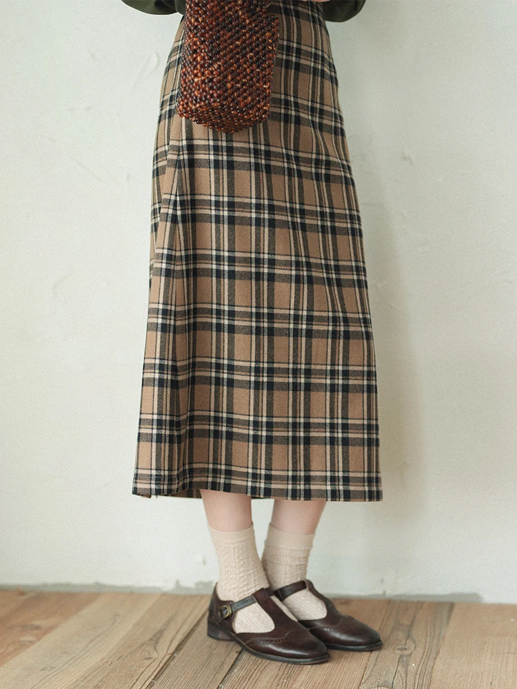 

Retro Artistic Plaid High Waist A-Line Skirt Long Skirt Autumn Window 22Q244 Commute Sle Wool Blend Viscose Polyester