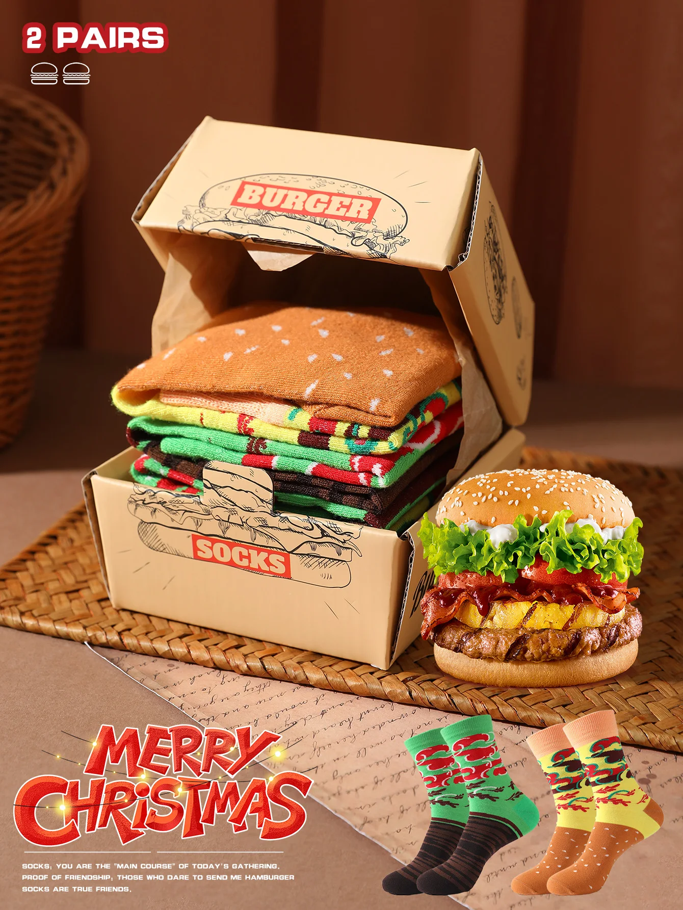 زوجان من الجوارب الرجالية والنسائية بنفس تصميم همبرغر فريد ومبتكر ومثير للاهتمام كهدية للعطلات #1