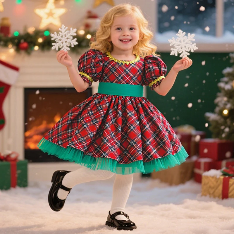 

Рождественское платье принцессы для девочек в британском стиле, клетчатое фатиновое платье с большим бантом, рождественское праздничное платье для маленьких девочек, первый рождественский подарок