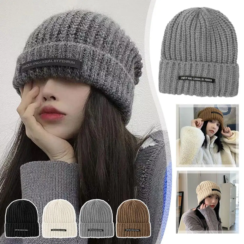 Winter Korean Style Ins Japanese Style Retro Pure Color Head Knitted Woolen Hat Circumference Thermal Large Thickened F6V8