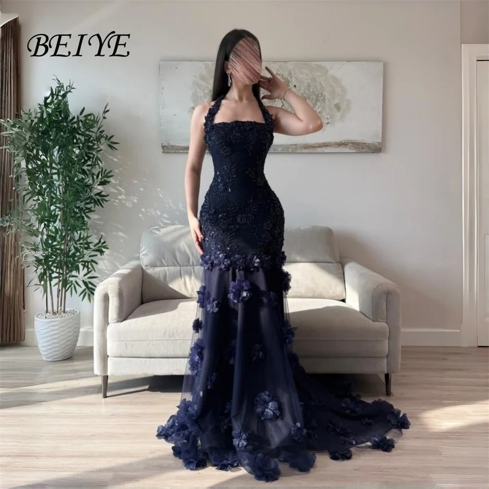 BEIYE Luxuriöses Meerjungfrauen-Abendkleid mit Perlenstickerei und Spitzenblumen, Neckholder, ärmellos, Schnürung, Partykleid, individuell anpassbar