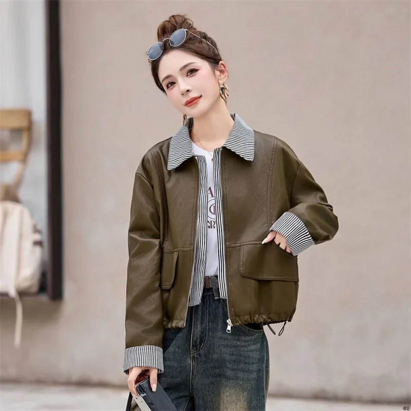 High-end Fake Two Piece Leather Jacket Women's  Autumn New Loose Retro Versatile Patchwork Leather Coat Outerwear