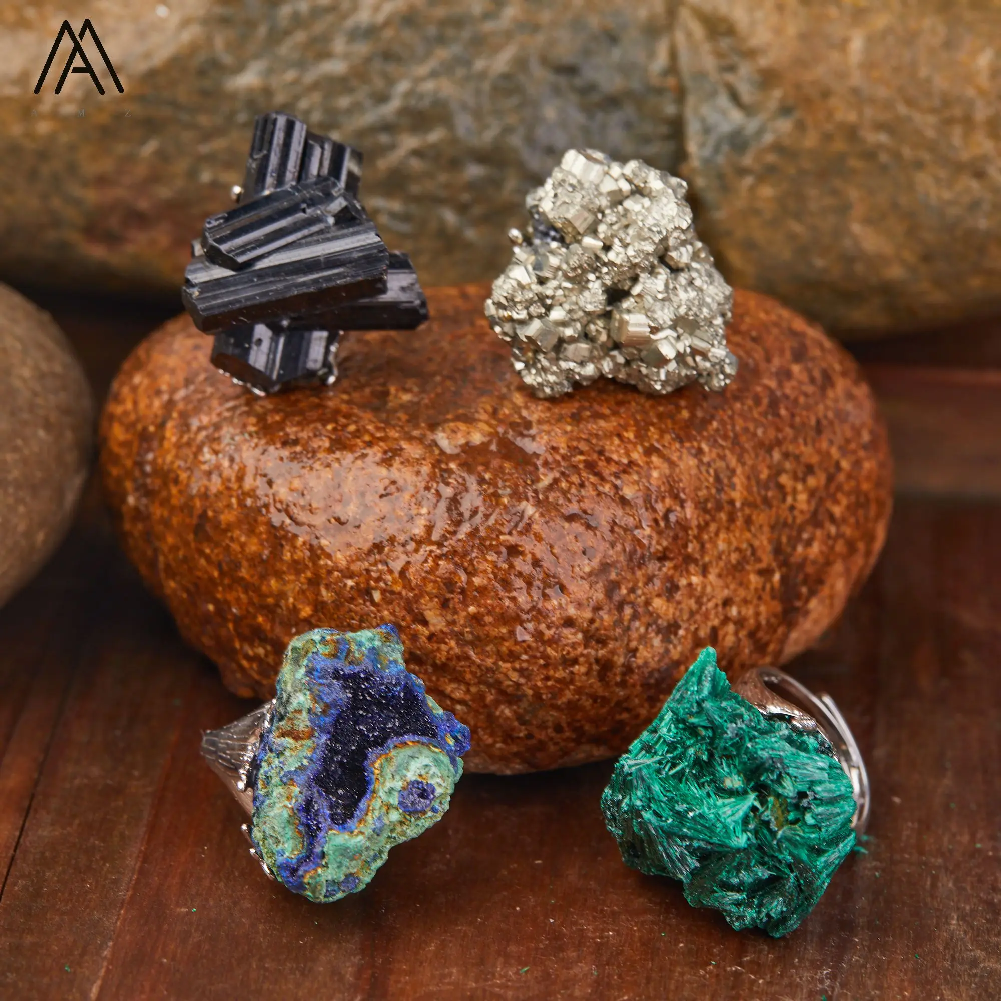 Natürlicher Azurit-Malachit-Geode-Fingerring, verstellbar, vergoldet, versilbert, Ring im Bohemian-Stil, Unisex-Accessoire – Detail 19