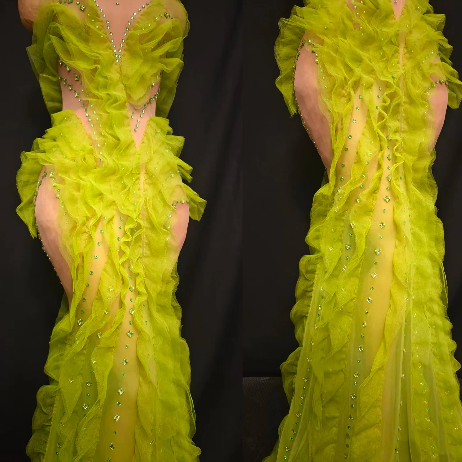 Sexy Green Rhinestones Mesh Dress Singer Event Costume Look Drag Performance Gogo Dance Wear Birthday Party Stage Suit Show Prom