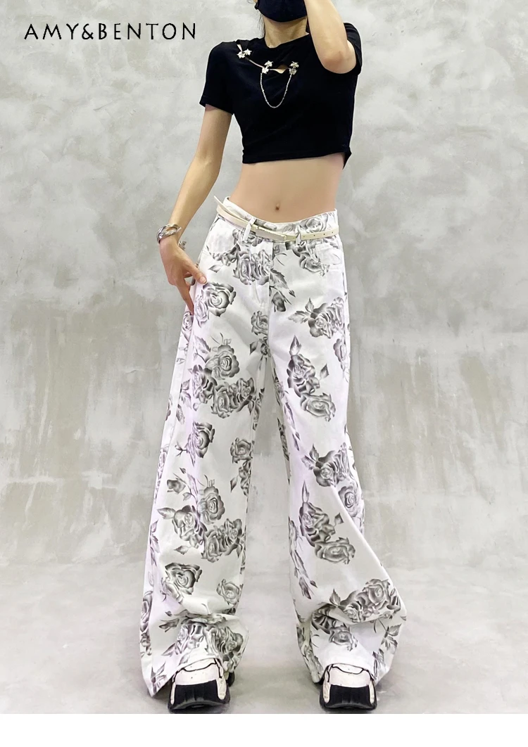 

2025 Summer New Women's Floral Print White Thin Casual Jeans High Waist Loose Slimming Versatile Straight Wide Leg Pants