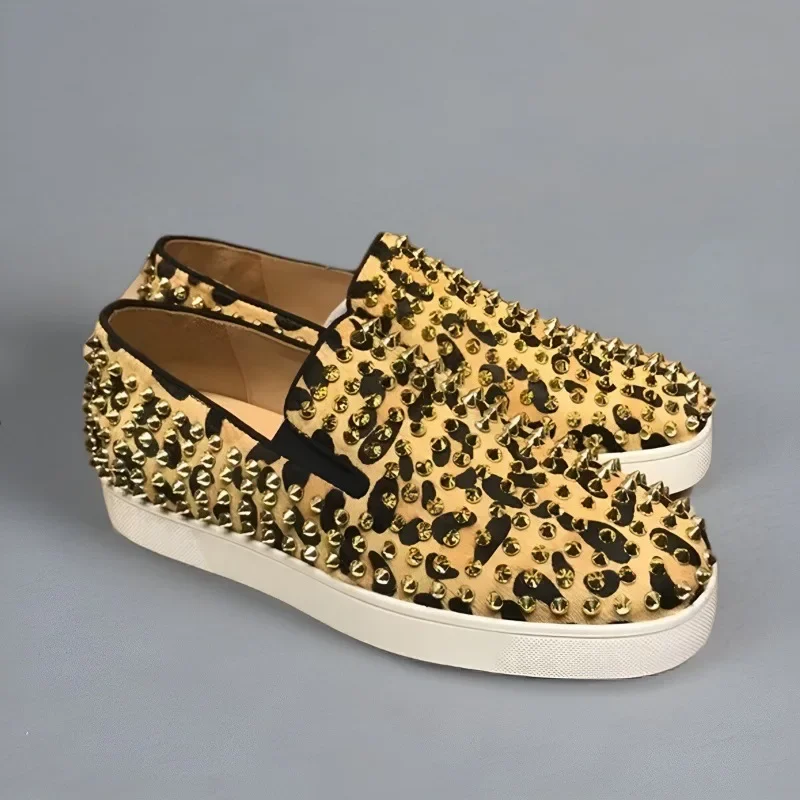 

Women Luxury Brand Low Top Red Bottom Shoes For Men Trainers Spiked Yellow Leopard Genuine Leather Gold Rivets Flats Sneaker