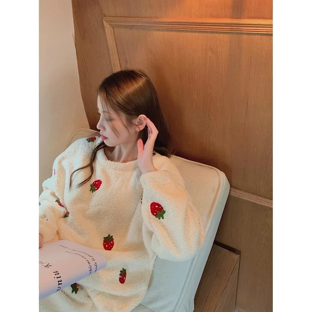 Women Pajama Sets Chic Kawaii Simple Strawberry Korean Style Chic Loose Females Cozy Sweet O-neck Homewear Soft Warm Sleepwear