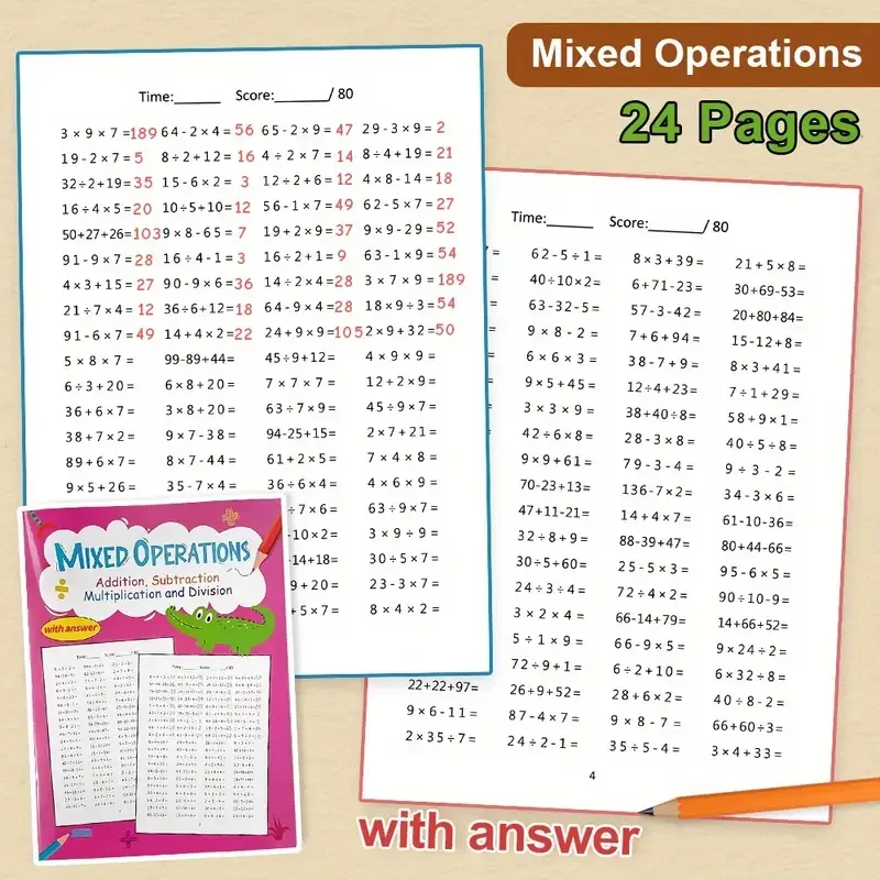 Learning Math subtraction,Addition,multiplication Division Mixed Operations Practice Copybook Exercises Book Kid Workbook