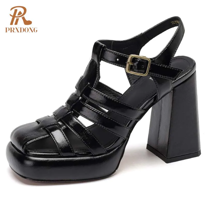 PRXDONG 2024 New Brand Genuine Leather Square HIgh Heels Platform T-strap Black Beige Dress Party Office Lady Pumps Size 34-39