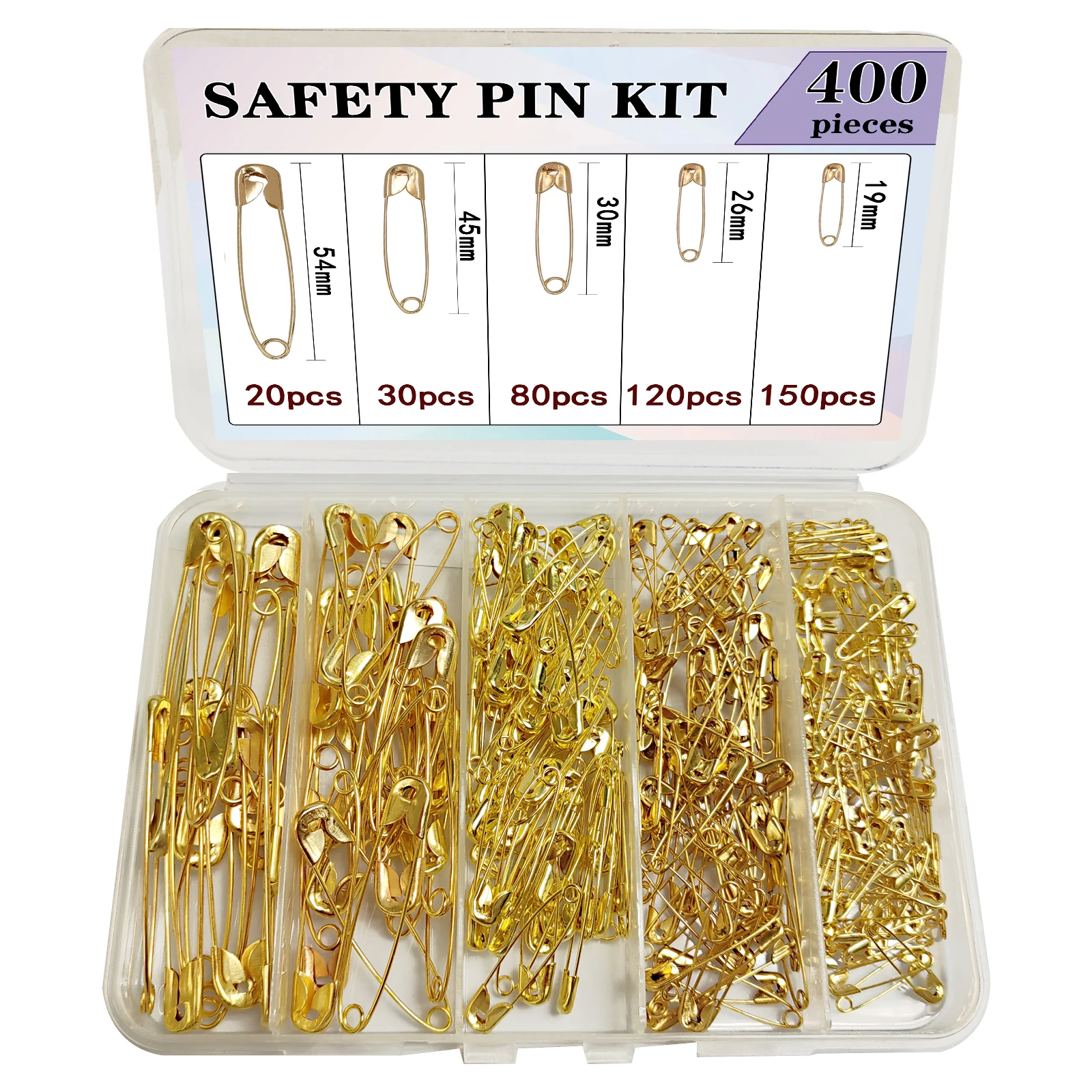 200/400 Safety Pins, 5 Sizes Gold Bulk Rust-Resistant Nickel Plated Pin for Clothes, Sewing, Arts & Craft