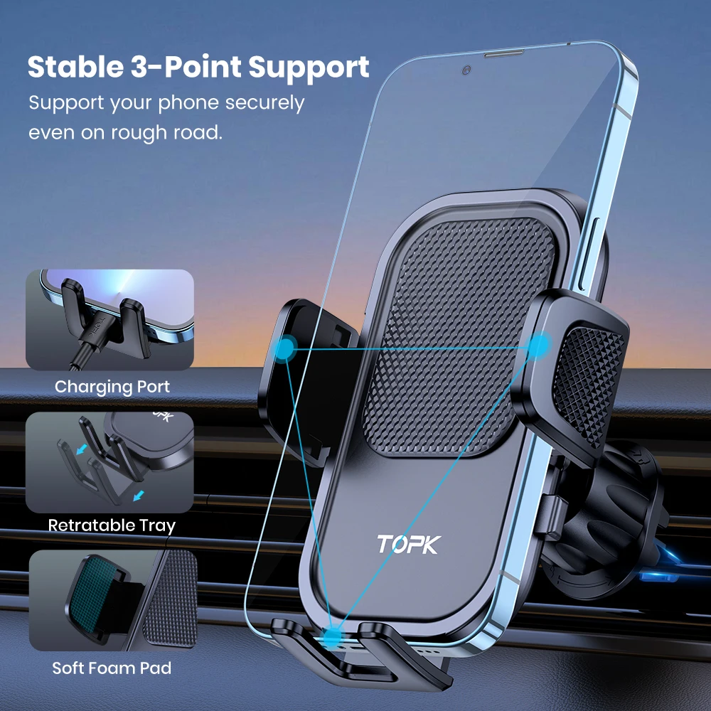 TOPK Car Phone Holder Car Mount with Hook Clip For Car Air Vent 360° Rotation Phone Mount for Cellphones