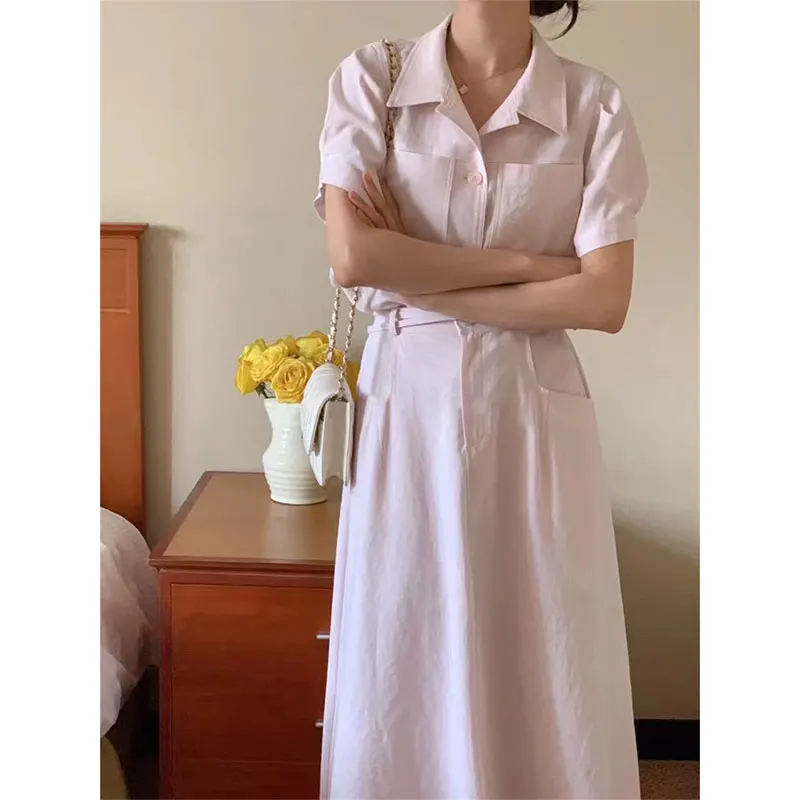 

Elegant Pure Color Turn-down Collar Short Sleeve Shirt Women's A-line Skirt Summer Fashion Anti-aging Dongda Gate