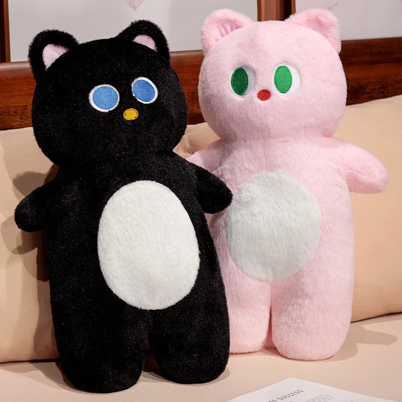 

70cm Round Eyes Cat Long Plush Pillow Stuffed Pink Black Cartoon Animal Bolster Standing Doll Fluffy Overnight Companion Gift