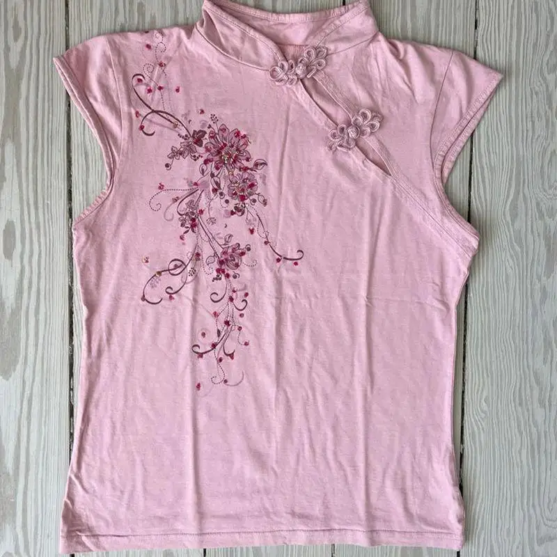 New Chinese style Harajuku 2000s Floral print Summer subculture slanted buckle Cheongsam collar slim fit short sleeved T-shirts