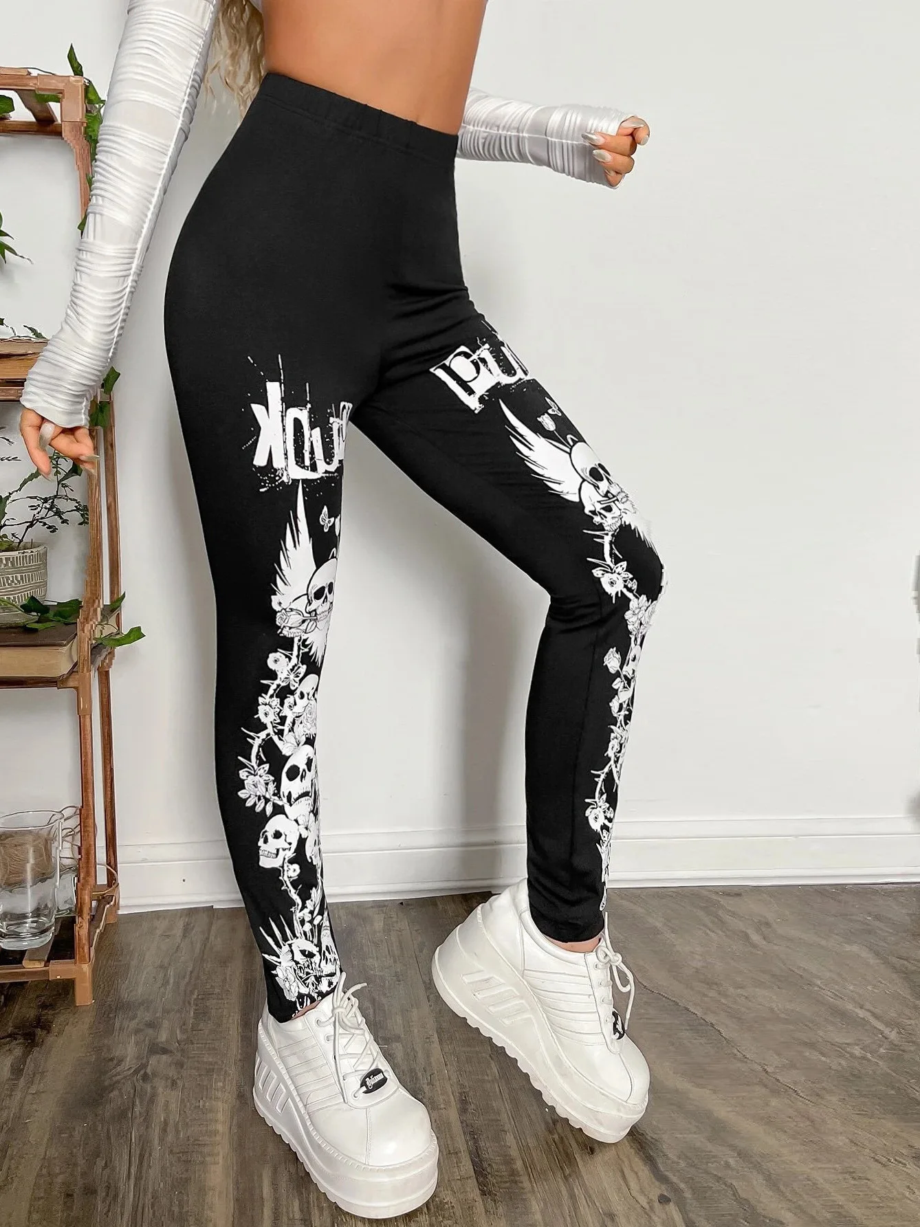 Spodnie do jogi z nadrukiem szkieletu na Halloween, damskie, uniwersalne, gotyckie, obcisłe spodnie bazowe, spodnie z wysokim stanem, długie spodnie.
