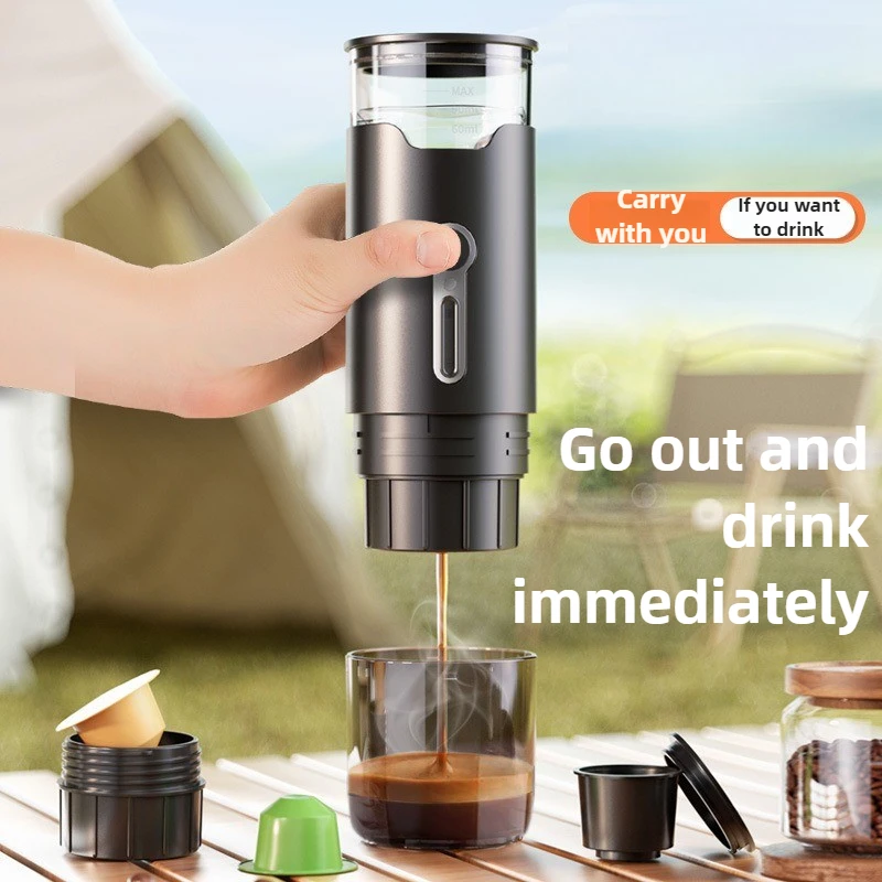 ポータブル 2-in-1 カプセルコーヒーマシン自動屋外ハンドヘルドポンプ圧力ドリップティー抽出器 5 ワット 8Bar コーヒーマシン