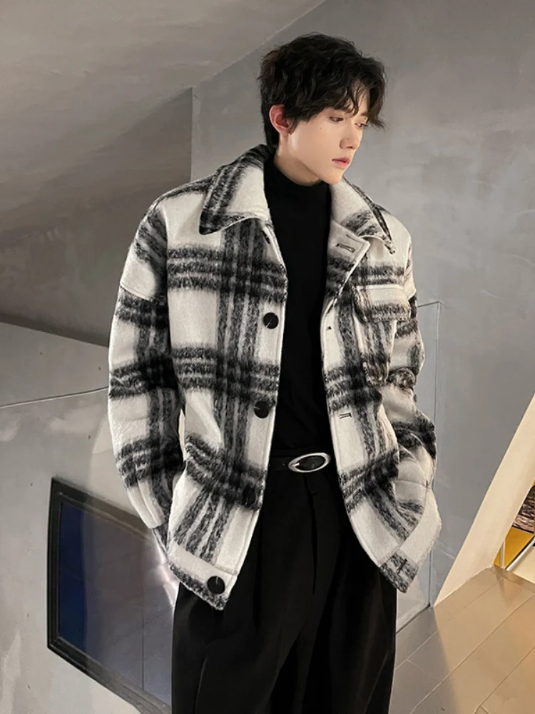 

Autumn Winter Men's Tweed Jaet Small Fraance Sle Flip Collar Knitwear Plaid Coat Youthful Faion Loose Fit Long Sve