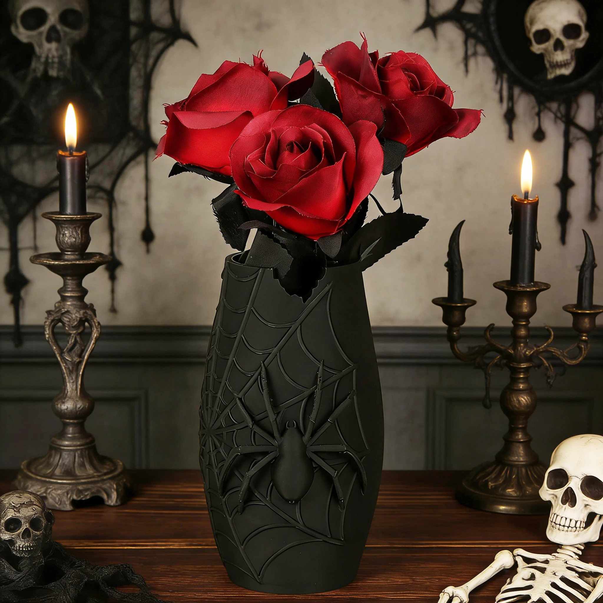 Gothic-Deko-Vase im Spinnennetz- und Spinnen-Design für dunkle Retro-Stil-Heimdekoration und florale Arrangements