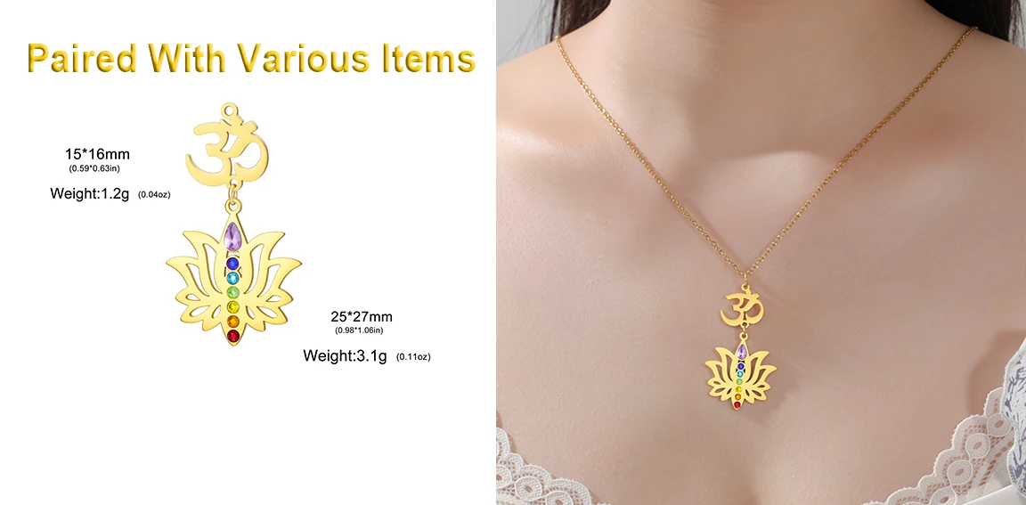 7-Chakra-Lotus-Om-Anhänger aus Edelstahl, spiritueller Yoga-Anhänger für Frauen, Chakra-Heil-Charm – Detail 4