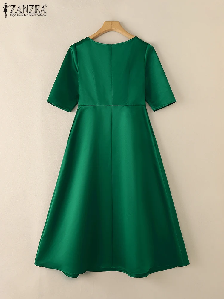 ZANZEA レディースエレガントなサテンミディドレスファッション V ネック 3/4 スリーブハイウエストスイングローブファム通勤固体 A ライン Vestidos