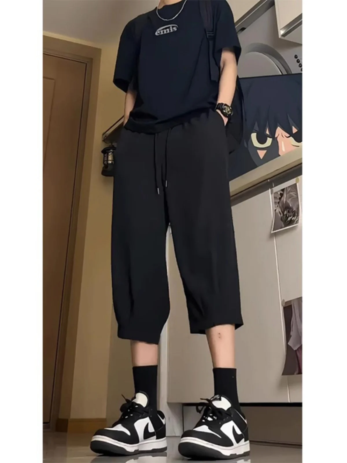 Black Quick-Dry Ice Silk Men's Summer Thin Outdoor Sports Pants Casual Seven-Foot Length Lightweight Breathable Straight Leg