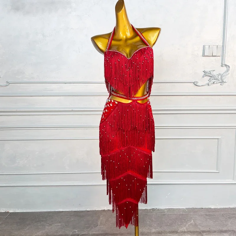 

Belly Dance Performance Costume Set Senior AB Stones Bra+Sexy Tassel Split Skirt 2pcs Oriental Belly Dancing Competition Outfit