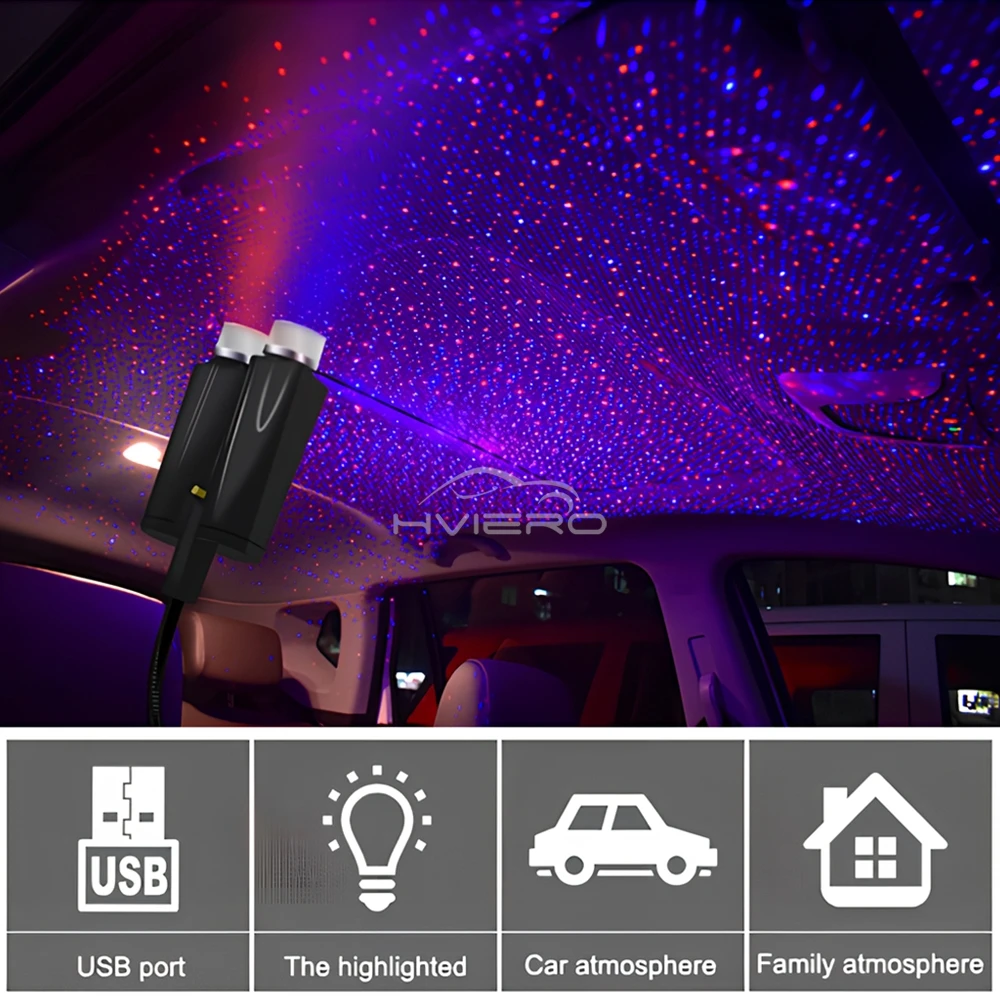 Car Roof Star Lights Interior USB Mini LED Starry Sky Projector Auto Lamp Decoration Night Galaxy Laser Home Atmosphere Lantern