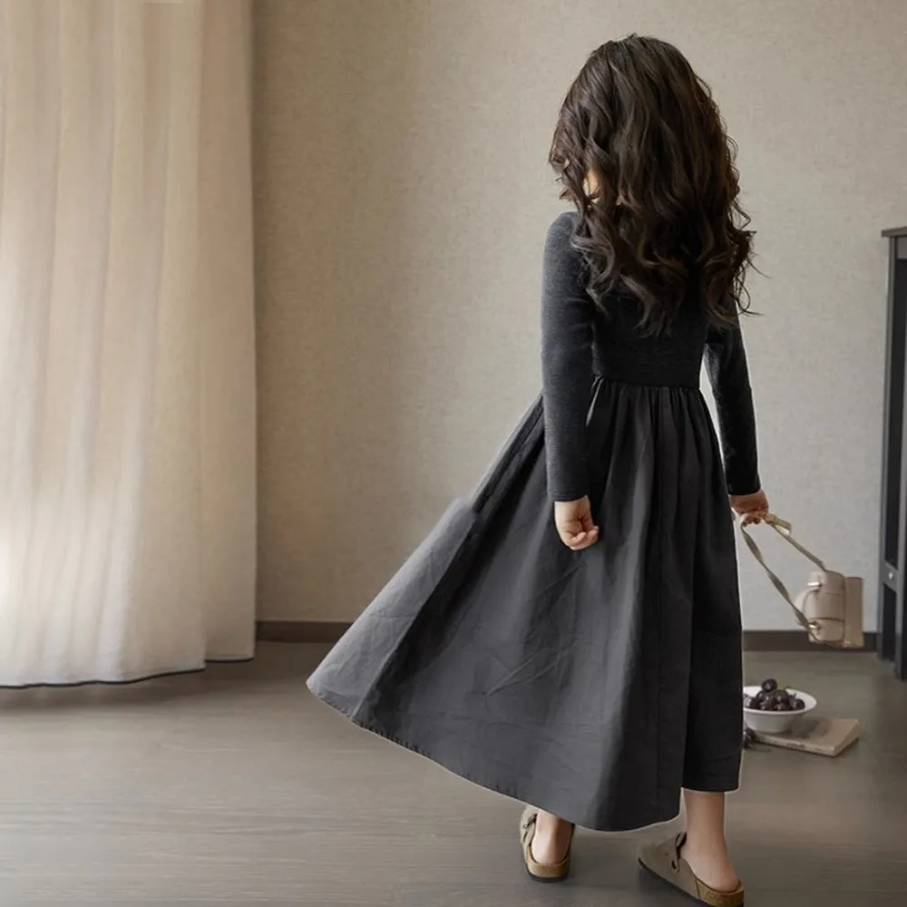 الخريف الفتيات عادية بسيطة طويلة الأكمام س الرقبة بلون فستان 1 قطعة 2-7 سنوات الاطفال موضة الملابس الحلوة #5