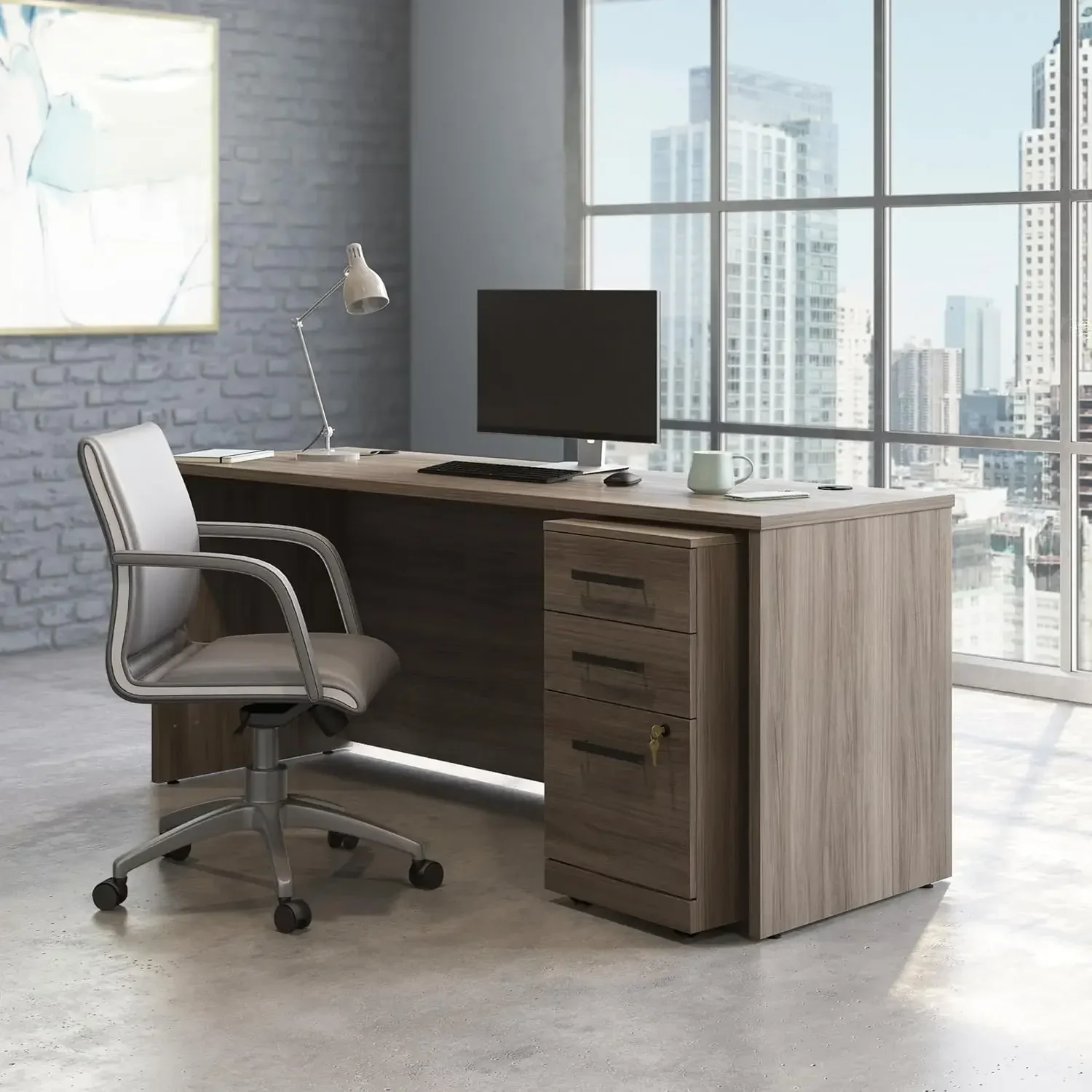 

72" x 24" 1-File Single Ped Desk, L: 71.10" x W: 23.50" x H: 29.29", Hudson Elm finish