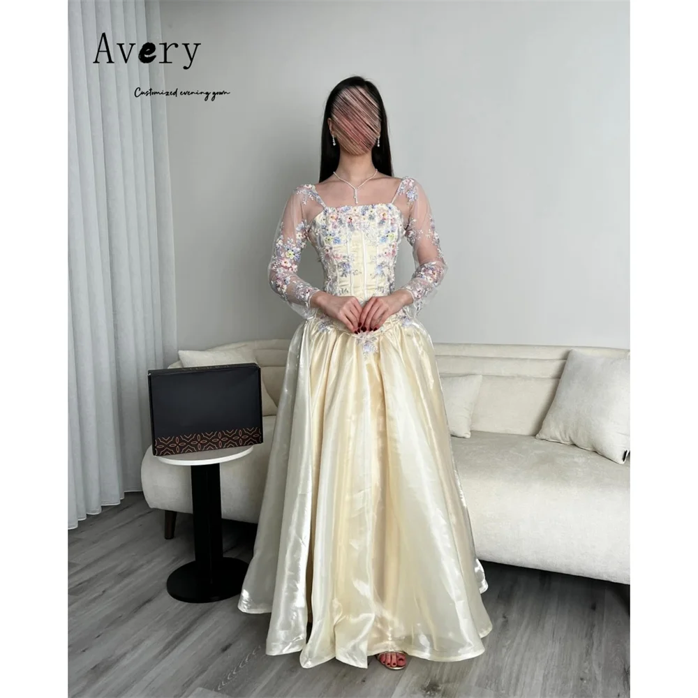 

Avery Custom Flower A Line Long Sleeve Floor Length Elegant Dress Luxury Wedding Guest Luxury Women's Evening Dresses for Events