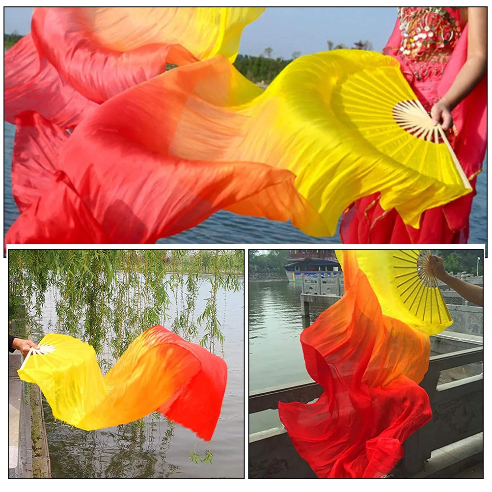 2 قطعة الحجاب الطويل مراوح الرقص التدرج لهب فو الحرير الرقص الشرقي يده للطي الأداء الدعامة مرحلة مهرجان مروحة الزخرفية #6