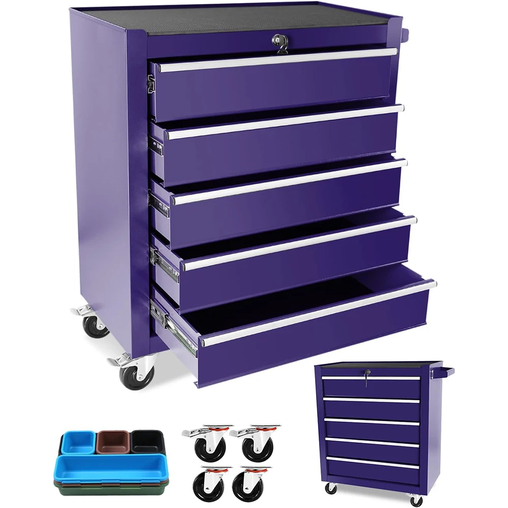 

Ящик для инструментов на колесах с 5 выдвижными ящиками, с замками и съемными ящиками, для дома/фабрики, сине-фиолетовый